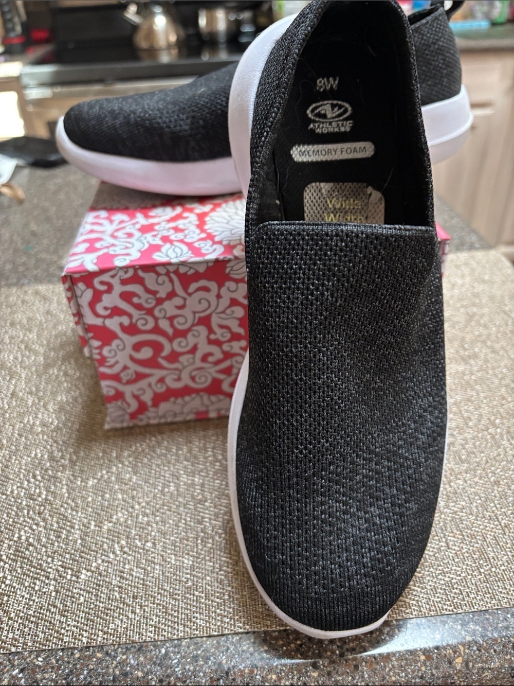 Athletic Works Black Slip-On Memory Foam Knit Sneakers with White Sole